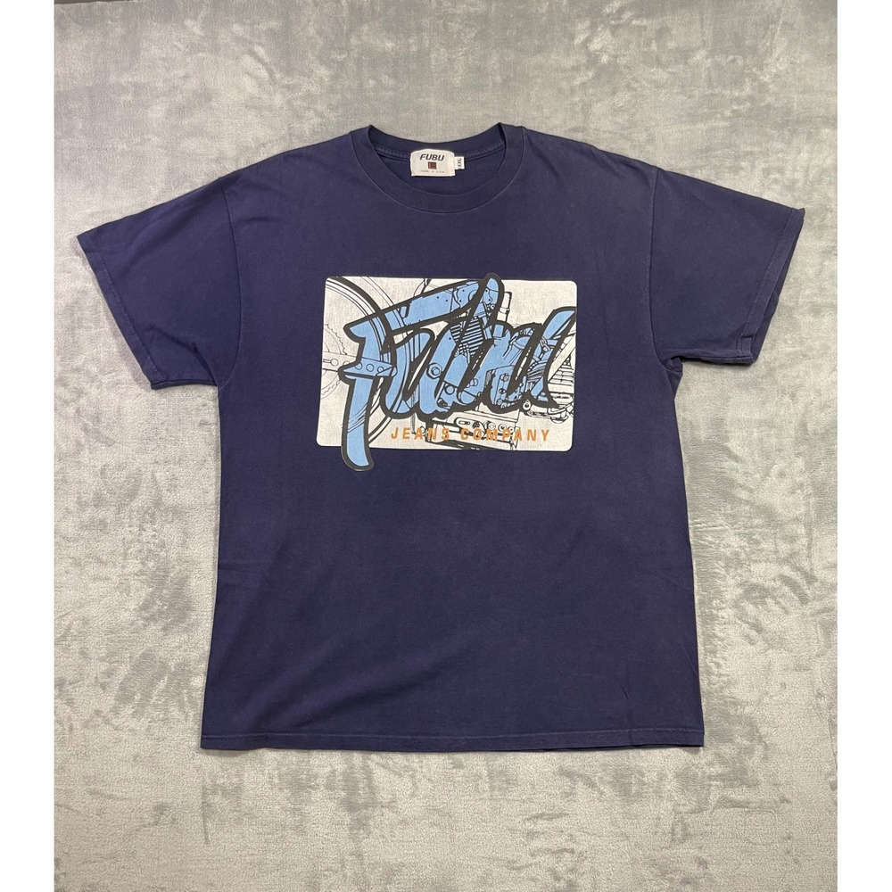Vintage FUBU T Shirt Mens XXL Navy Blue Graffiti Logo Made in USA Streetwear 90s